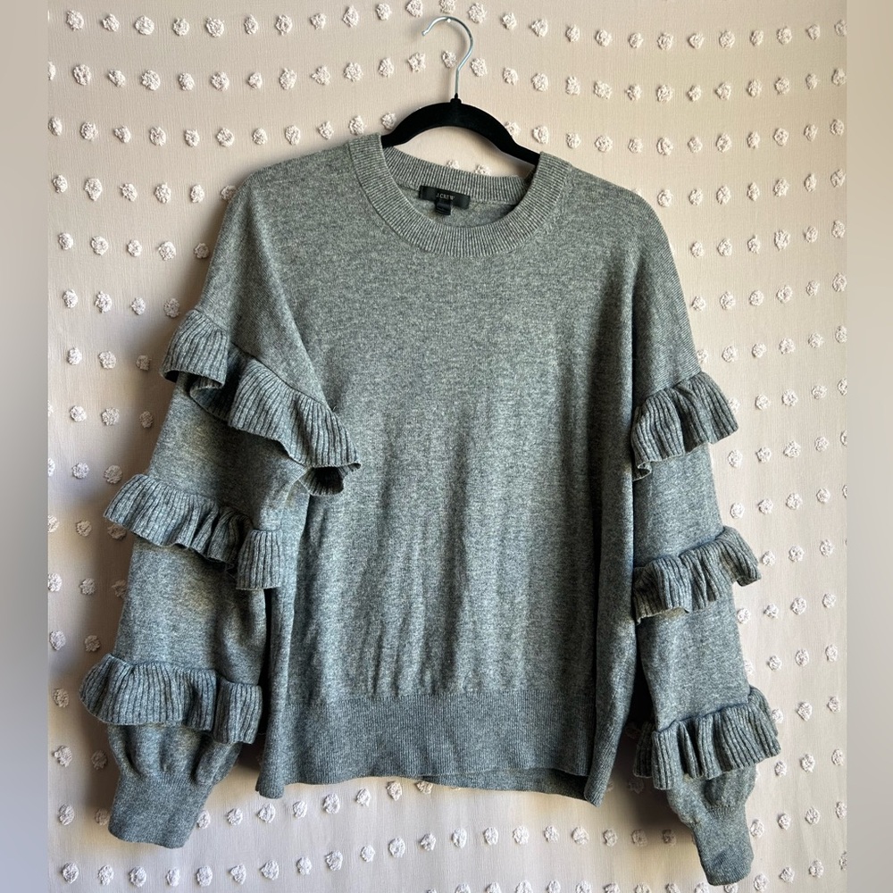 J. Crew Women’s Wool Blend Ruffle Sleeve Crewneck Sweater‎ Sz L Heather Grey